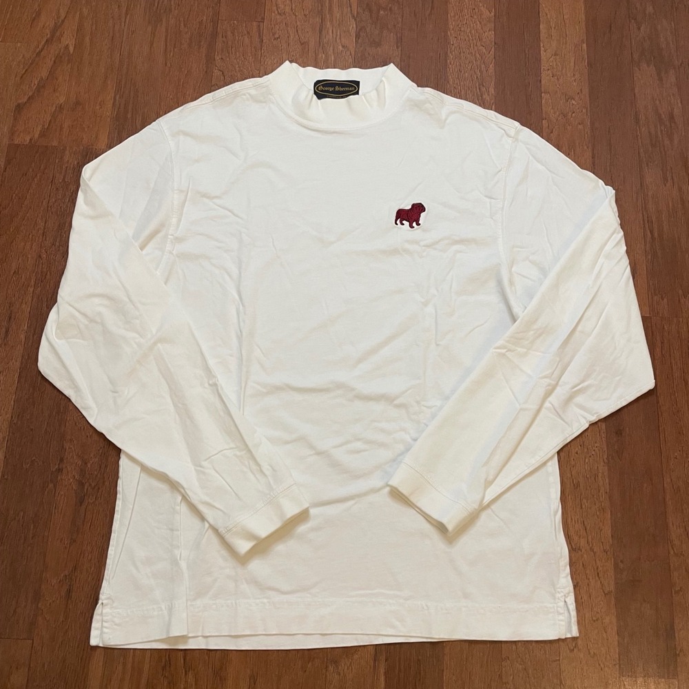George Sherman Mens White Mock Neck Long Sleeve Shirt Bulldog Logo Large Cotton